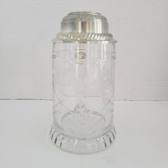 Vintage BFM-N West Germany Etched Crystal Clear Glass Beer Stein Pewter Lid - Picture 2 of 11